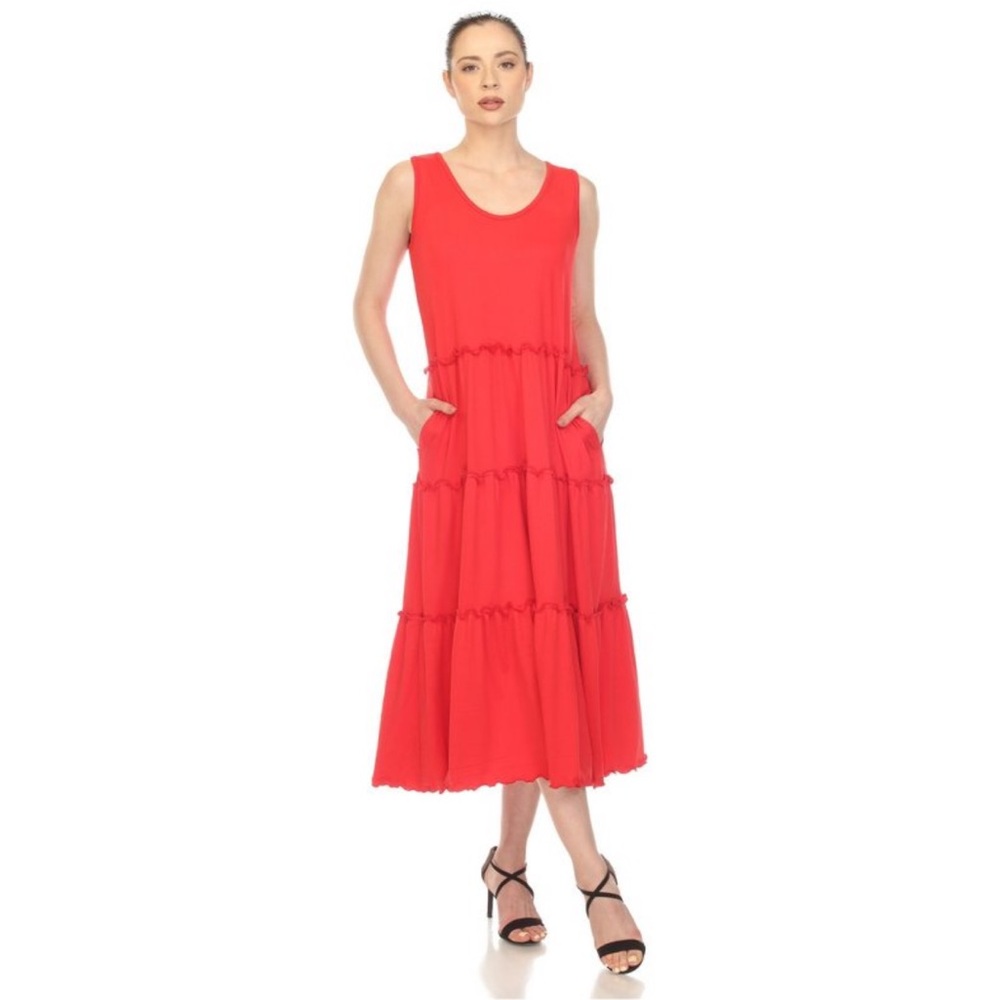 NWT White Mark Ruby Red Scoop Neck Tiered Midi Dress, Small